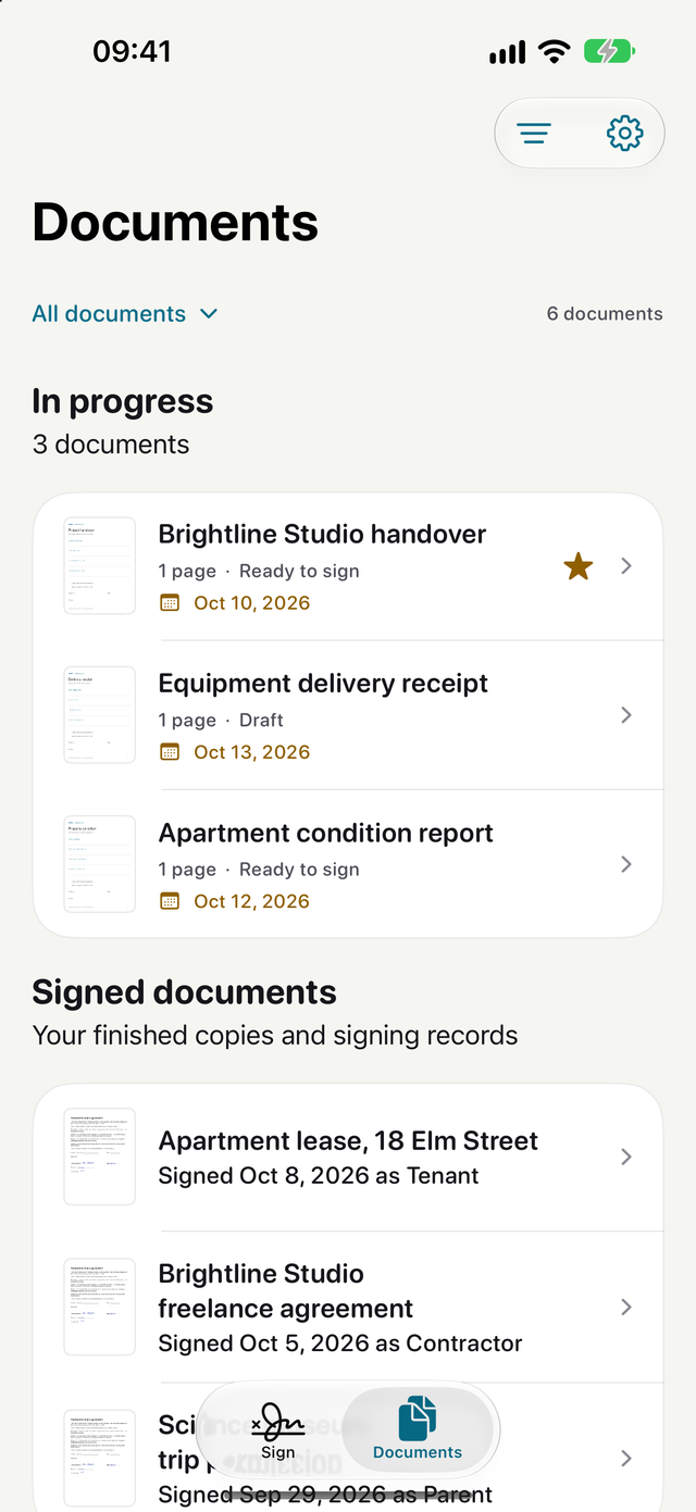 Documents screen listing drafts in progress with due dates and signed documents with who signed and when