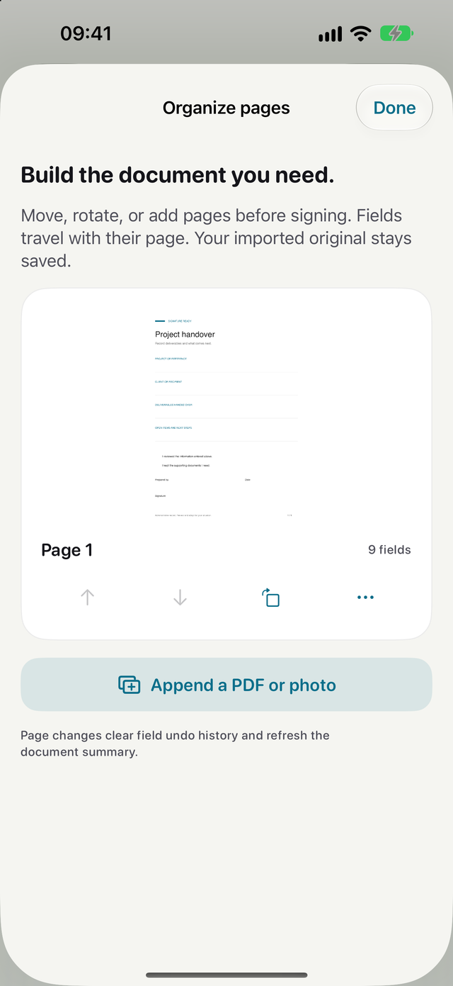 Organize pages screen with a one-page handover form, page controls and an Append a PDF or photo button