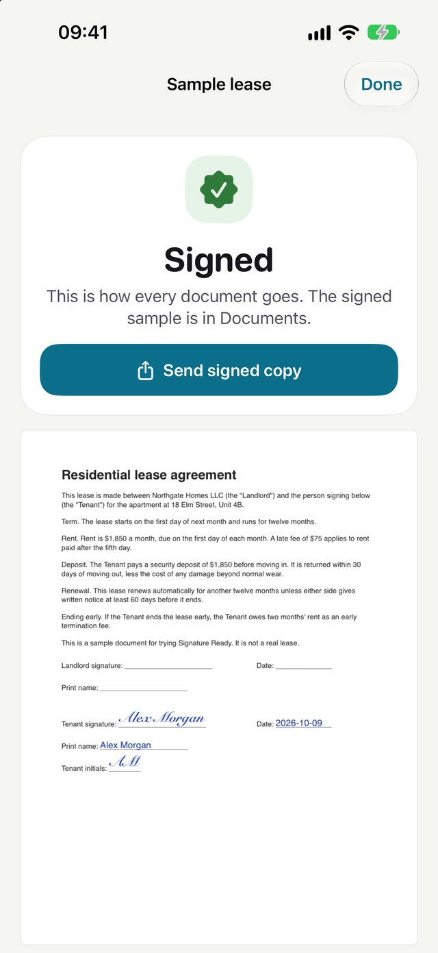 Signed confirmation for a sample lease with a Send signed copy button and the signed page below
