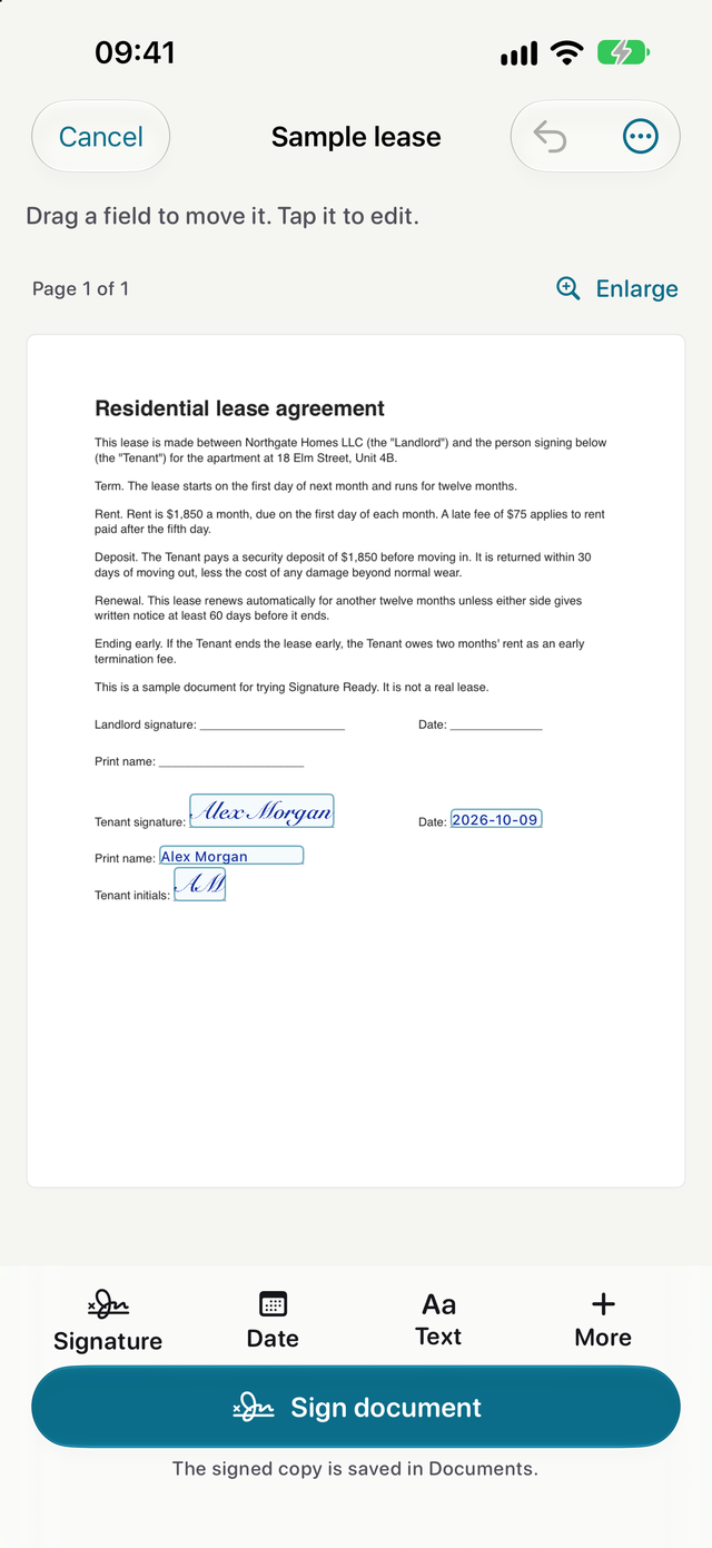 A sample lease agreement with a drawn signature, printed name, date and initials placed on the page, above the Signature, Date and Text tools