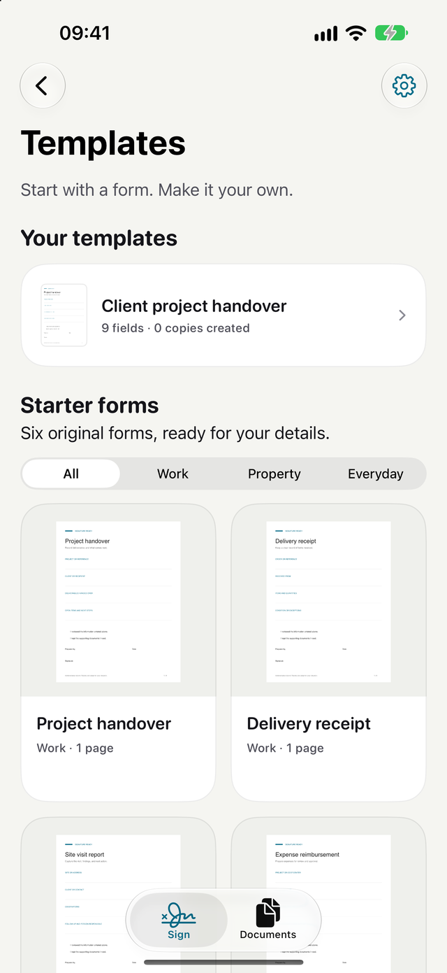 Templates screen with a saved client project handover and starter forms for project handovers and delivery receipts